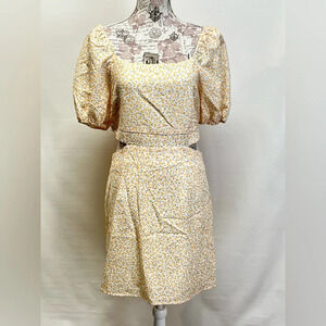 ELODIE Pale yellow side cutout puff sleeve mini dress size L.